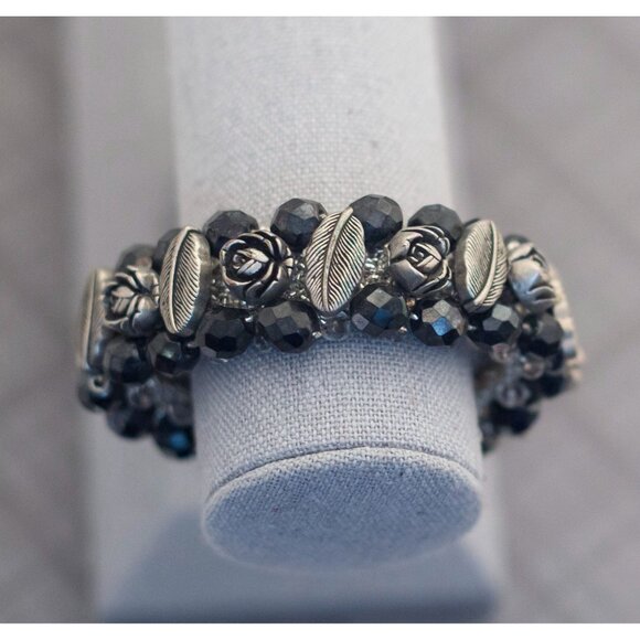 Vintage Gothic Silver Tone Flexible Black Bangle Bracelet G6 - Picture 2 of 3